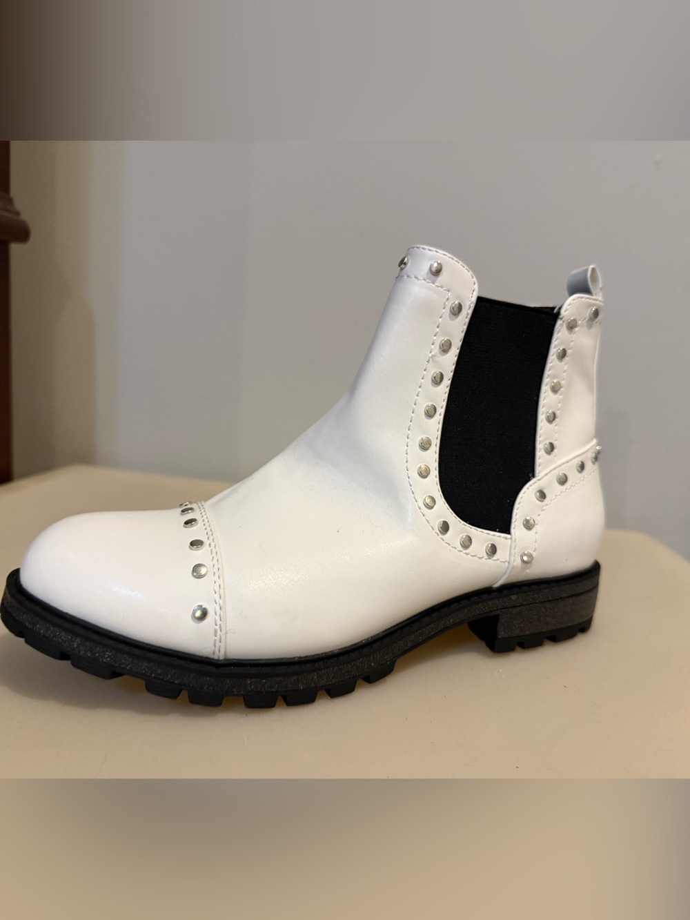 kidpik White Chelsea Bootie with Silver Stud Accents and Black Elastic
